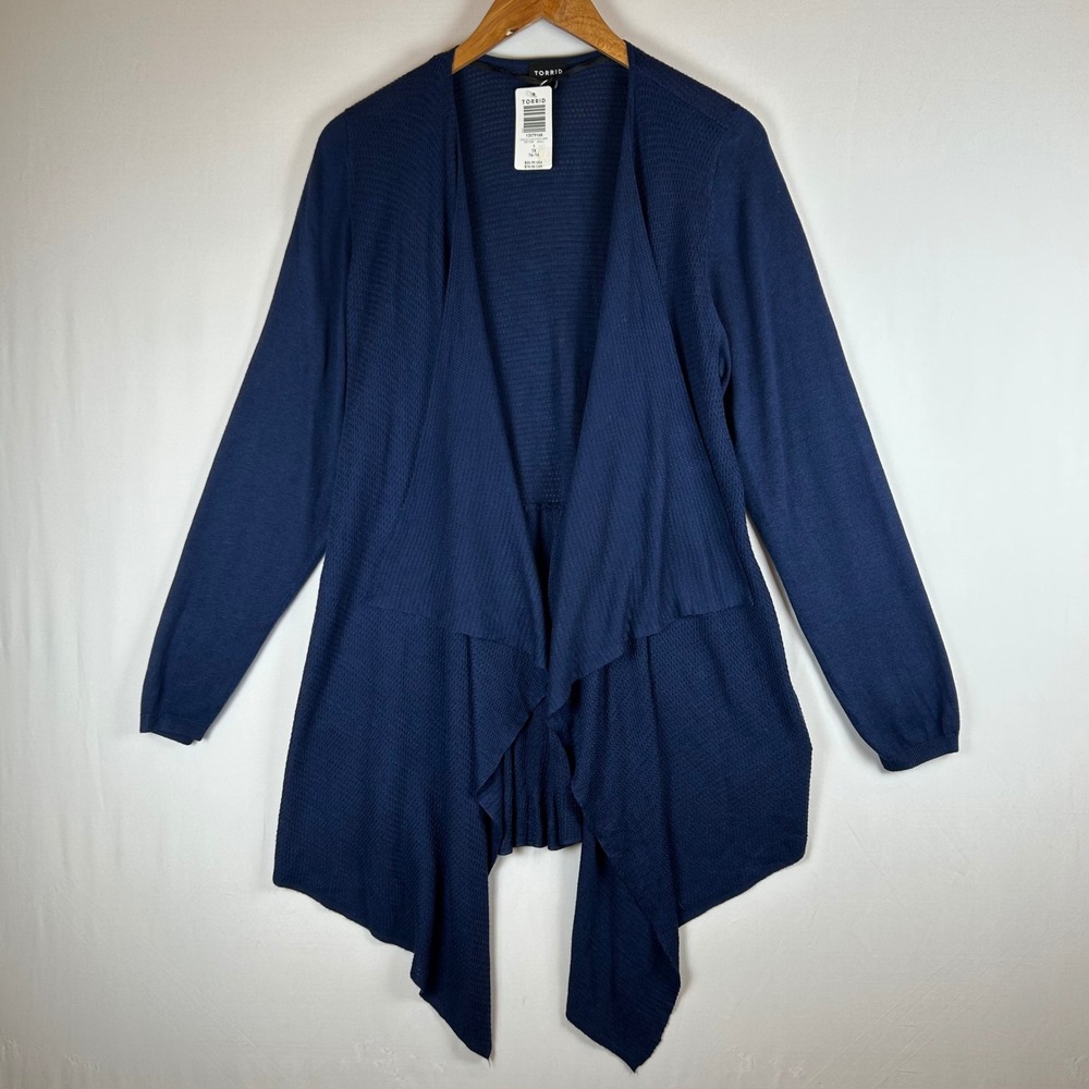 Torrid Navy Blue Mixed Stitch Open Front Waterfall Peplum Cardigan 1X 14-16 NEW